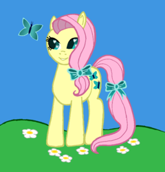 Size: 934x973 | Tagged: safe, artist:assertiveshypony, character:posey, species:earth pony, species:pony, bow, butterfly, digital art, flower, grassfield, simple background, smiling