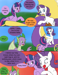 Size: 1000x1285 | Tagged: safe, artist:emilou1985, character:rarity, character:spike, character:twilight sparkle, character:twilight sparkle (alicorn), species:alicorn, species:dragon, species:pony, comic:signs, carriage, cart, dialogue, female, labor, male, mare, preggity, preglight sparkle, pregnant, winged spike