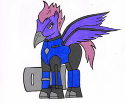 Size: 1175x973 | Tagged: safe, artist:assertiveshypony, oc, oc:angel delvass, species:pegasus, species:pony, barely pony related, baton, clothing, drawing, face mask, female, long description, pegasus oc, shield, simple background, uniform, white background, wings