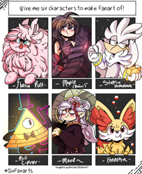 Size: 2450x3000 | Tagged: safe, artist:jxst-starly, oc, oc:fluffle puff, species:anthro, species:earth pony, species:human, species:pony, anthro with ponies, bill cipher, blep, blushing, bow tie, chest fluff, clothing, crossover, ear fluff, earth pony oc, female, fennekin, fluffy, hat, hedgehog, male, mare, pokémon, silver the hedgehog, six fanarts, solo, sonic the hedgehog (series), tongue out, top hat