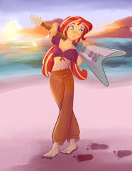 Size: 2550x3300 | Tagged: safe, artist:pettypop, character:sunset shimmer, my little pony:equestria girls, barefoot, beach, belly button, breasts, cleavage, electric guitar, feet, female, flying v, footprints, freckles, guitar, musical instrument, ocean, solo, sunset, toes, water