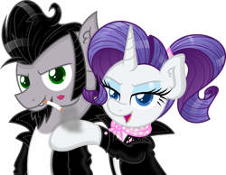Size: 1014x787 | Tagged: safe, artist:claritea, character:rarity, oc, oc:sketchy, species:earth pony, species:pony, species:unicorn, beard, canon x oc, cigarette, clothing, digital art, facial hair, female, horn, jacket, kiss mark, leather jacket, lipstick, looking at you, male, mare, smoking, stallion