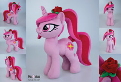 Size: 1800x1226 | Tagged: safe, artist:meplushyou, oc, oc:sandy rose, species:earth pony, species:pony, earth pony oc, flower, hearth's warming con, hearth's warming con 2020, irl, photo, pink coat, plushie, rose, solo