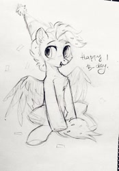 Size: 1506x2164 | Tagged: safe, artist:_mpiesocks, species:pegasus, species:pony, black and white, clothing, confetti, grayscale, hat, monochrome, party hat, pony oc, sitting, sketch, solo, spread wings, traditional art, wings