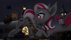 Size: 3840x2160 | Tagged: safe, artist:charlydasher, oc, oc:miabat, species:bat pony, species:pony, 3d, bat pony oc, bat wings, butt, cake, clothing, elastic, featureless crotch, female, flexible, flying, food, gift box, hungry, looking at self, mansion, mare, nightmare night, plot, raised tail, rear, scarf, source filmmaker, tail, this will end in pain, vampire, wings