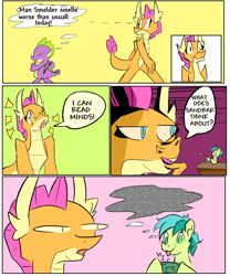 Size: 2499x3003 | Tagged: safe, artist:skunkstripe, character:sandbar, character:smolder, character:spike, species:dragon, species:earth pony, species:pony, comic, dialogue, mind reading, static, thought bubble, word bubble