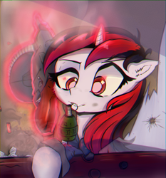 Size: 1300x1392 | Tagged: safe, artist:mistleinn, oc, oc only, oc:blackjack, species:pony, species:unicorn, fallout equestria, fallout equestria: project horizons, clothing, cute, fanfic art, female, grenade, gun, horn, red eyes, shotgun, small horn, smoke, solo, weapon