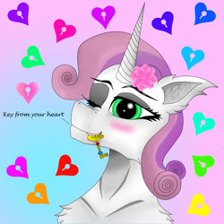 Size: 5000x5000 | Tagged: safe, artist:keshakadens, character:sweetie belle, species:pony, species:unicorn, female, flower, flower in hair, gradient background, head, heart, key, mare, older, older sweetie belle, one eye closed, text