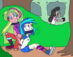 Size: 1381x1075 | Tagged: safe, artist:bugssonicx, character:dj pon-3, character:lemon zest, character:octavia melody, character:vinyl scratch, equestria girls:legend of everfree, g4, my little pony: equestria girls, my little pony:equestria girls, arm behind back, bondage, boots, bound and gagged, camp everfree outfits, cloth gag, clothing, denim shorts, female, forest, gag, glasses, grin, headphones, kidnapped, shirt, shoes, short hair, smiling, sneakers, socks, sunglasses, t-shirt, tied up