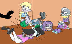 Size: 2233x1368 | Tagged: safe, artist:bugssonicx, character:derpy hooves, character:maud pie, character:octavia melody, character:silver spoon, my little pony:equestria girls, arm behind back, bondage, bound and gagged, bound wrists, cleave gag, cloth gag, clothing, female, gag, hogtied, tape, tape gag, tied up