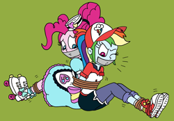 Size: 2332x1627 | Tagged: safe, artist:bugssonicx, character:pinkie pie, character:rainbow dash, my little pony:equestria girls, arm behind back, baseball cap, blue eyes, bondage, bound and gagged, bound together, cap, clothing, converse, damsel in distress, dashsub, diner uniform, dress, female, femsub, frilly socks, gag, girly girl, grass, gym shorts, hat, leggings, name tag, pink eyes, pinkiesub, ponytail, roller skates, rollerblades, shirt, shoes, shorts, sneakers, socks, submissive, t-shirt, tape, tape gag, tied up, tomboy, waitress