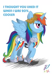 Size: 1024x1448 | Tagged: safe, artist:teammagix, character:rainbow dash, species:alicorn, species:pony, alicornified, annoyed, female, race swap, rainbowcorn, solo