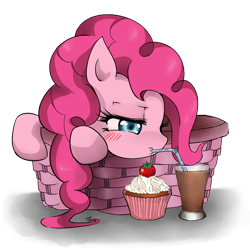 Size: 756x756 | Tagged: safe, artist:d-tomoyo, character:pinkie pie, basket, bendy straw, chocolate milk, cupcake, drink, drinking, drinking straw, female, pony in a basket, simple background, solo, straw, strawberry, transparent background
