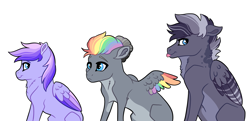 Size: 4351x2102 | Tagged: safe, artist:venommocity, oc, oc only, oc:astra, oc:greywind, oc:thunderbird, parent:dumbbell, parent:rainbow dash, parents:dumbdash, species:pegasus, species:pony, colt, female, filly, male, multicolored hair, offspring, siblings, simple background, tongue out, white background