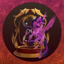 Size: 2160x2160 | Tagged: safe, artist:yanisfucker, character:twilight sparkle, character:twilight sparkle (alicorn), species:alicorn, species:pony, abstract background, cutie mark, female, head turn, hourglass, looking at you, mare, solo, spread wings, wings