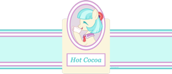 Size: 1024x442 | Tagged: safe, artist:rainspeak, character:coco pommel, species:earth pony, species:pony, chocolate, cup, drinking, eyes closed, female, flower, flower in hair, food, hoof hold, hot chocolate, label, mare, simple background, solo, teacup, transparent background