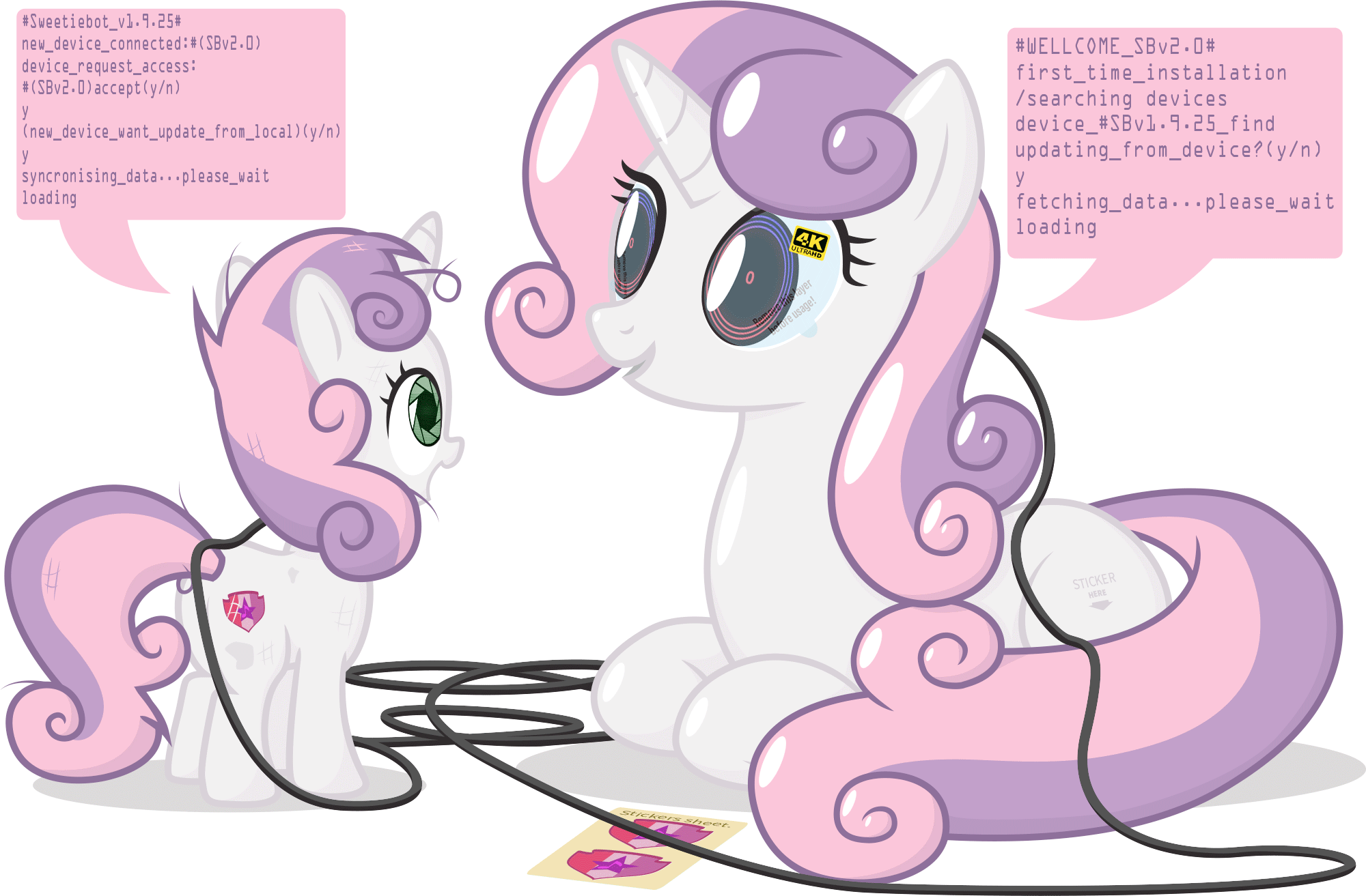 Size: 2000x1313 | Tagged: safe, artist:le-23, character:sweetie belle, species:pony, species:unicorn, sweetie bot, adult, animated, cute, cutie mark, diasweetes, duality, female, filly, gif, mare, older, older sweetie belle, ponidox, robot, robot pony, self ponidox, simple background, sticker, terminal, transparent background, upgrade