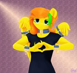 Size: 2718x2601 | Tagged: safe, artist:alicorn-without-horn, derpibooru original, oc, oc only, oc:novacrisp, species:anthro, species:pegasus, species:pony, belts, bound wings, clothing, collar, cuffs, dress, heart, heart hands, little black dress, simple background, wings