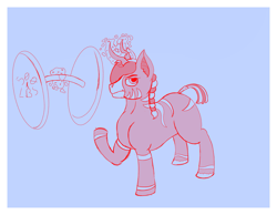 Size: 2301x1785 | Tagged: safe, artist:thewindking, oc, oc only, oc:mix, don't skip horn day, eye covered by hair, horn, magic, multiple horns, ponytail, simple background, sketch, tail wrap, weight lifting, zunicorn