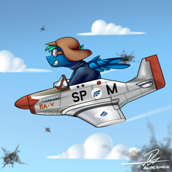 Size: 1080x1080 | Tagged: safe, artist:supermoix, oc, oc only, oc:supermoix, species:pegasus, species:pony, aircraft, aviator goggles, aviator hat, cartoon, clothing, flak gun, flying, goggles, hat, p-51 mustang, solo, world war ii