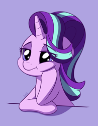 Size: 1562x2000 | Tagged: safe, artist:esfelt, character:starlight glimmer, species:pony, species:unicorn, :t, bored, cheek squish, cute, eye clipping through hair, female, floppy ears, glimmerbetes, mare, purple background, raised hoof, simple background, solo, squishy cheeks, unamused