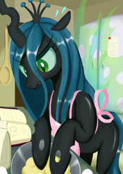 Size: 2480x3508 | Tagged: safe, artist:neoshrek, character:queen chrysalis, species:changeling, apron, baking, changeling queen, clothing, cookbook, cute, cutealis, female, kitchen, mommy chrissy, solo