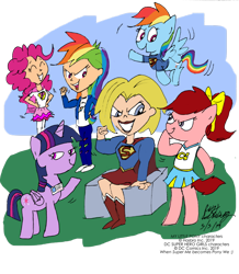 Size: 900x1033 | Tagged: safe, artist:newportmuse, character:pinkie pie, character:rainbow dash, character:twilight sparkle, character:twilight sparkle (alicorn), oc, species:alicorn, species:human, species:pony, dc superhero girls, humanized, kara danvers, simple background, supergirl, transparent background