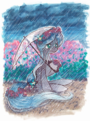 Size: 800x1072 | Tagged: safe, artist:rainspeak, oc, oc:raina, species:pony, female, floral head wreath, flower, flower in hair, hydrangea, mare, pondpony, rain, solo, storm, umbrella