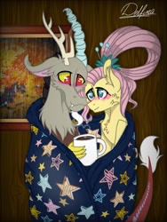 Size: 768x1024 | Tagged: safe, artist:delfinaluther, character:discord, character:fluttershy, species:draconequus, species:pegasus, species:pony, ship:discoshy, blanket, blushing, coffee, coffee mug, cuddling, cute, drink, female, male, mare, mug, older, older fluttershy, shipping, straight