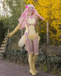 Size: 999x1250 | Tagged: safe, artist:raspbearyart, artist:sweetmaracosplay, character:fluttershy, species:human, clothing, cosplay, costume, evening gloves, gloves, irl, irl human, leotard, long gloves, photo, smiling, smiling at you