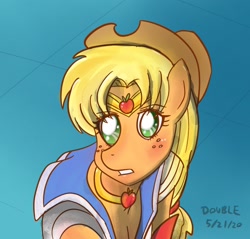 Size: 1560x1490 | Tagged: safe, artist:peichenphilip, character:applejack, species:earth pony, species:pony, clothing, cosplay, costume, crossover, female, mare, sailor moon, sailor moon redraw meme, serena tsukino, solo, tsukino usagi