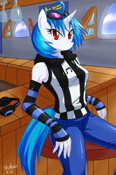 Size: 852x1280 | Tagged: safe, artist:skykain, character:dj pon-3, character:vinyl scratch, species:anthro, species:pony, species:unicorn, clothing, detached sleeves, female, headphones, looking at you, pants, red eyes, shirt, solo