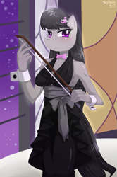 Size: 849x1280 | Tagged: safe, artist:skykain, character:octavia melody, species:anthro, blushing, bow (instrument), bow tie, clothing, dress, female, solo