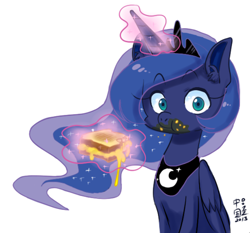 Size: 500x465 | Tagged: safe, artist:chinad011, character:princess luna, caught, eating, female, food, glorious grilled cheese, grilled cheese, looking at you, magic, pixiv, signed, simple background, sitting, solo