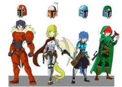 Size: 4200x3007 | Tagged: safe, artist:j053ph-d4n13l, oc, oc only, oc:blast buster, oc:night-flight, oc:pin point (ice1517), oc:quickfire, species:human, amputee, armor, belt, blaster, boots, cape, clothing, commission, crossover, cyborg, eared humanization, female, gloves, gun, handgun, helmet, holster, hood, humanized, humanized oc, knife, male, mandalorian, pants, pistol, pony coloring, pouch, prosthetic limb, prosthetics, rifle, scarf, shoes, simple background, sniper, sniper rifle, star wars, tailed humanization, tattoo, transparent background, weapon, winged humanization, wings