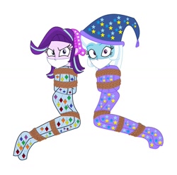 Size: 1280x1263 | Tagged: safe, artist:brightstar40k, character:starlight glimmer, character:trixie, my little pony:equestria girls, arm behind back, bondage, bound and gagged, cloth gag, clothing, footed sleeper, footie pajamas, gag, hat, nightcap, otn gag, over the nose gag, pajamas, rope, rope bondage, simple background, tied up, white background