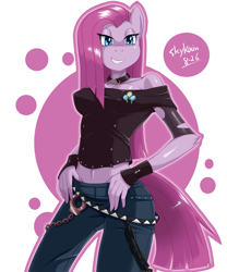 Size: 1065x1280 | Tagged: safe, artist:skykain, character:pinkamena diane pie, character:pinkie pie, species:anthro, species:earth pony, species:pony, belly button, clothing, female, midriff, pants, smiling, solo