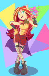 Size: 2026x3167 | Tagged: safe, artist:pettypop, character:sunset shimmer, my little pony:equestria girls, abstract background, armor, clothing, female, fishnets, leggings, ponied up, promare, shoes, solo