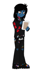 Size: 1440x2560 | Tagged: safe, artist:iamsheila, my little pony:equestria girls, belt, boots, bring me the horizon, canvas, clothing, commission, drop dead clothing, equestria girls-ified, holding, hoodie, jeans, lip piercing, looking down, male, oliver sykes, paint, paint stains, paintbrush, painting, pants, piercing, ripped jeans, seatbelt belt, shoes, simple background, solo, tattoo, transparent background