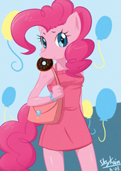Size: 849x1200 | Tagged: safe, artist:skykain, character:pinkie pie, species:anthro, balloon, bracelet, clothing, cute, diapinkes, donut, dress, ear fluff, female, jewelry, mouth hold, purse, solo