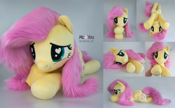 Size: 2000x1238 | Tagged: safe, artist:meplushyou, character:fluttershy, species:pegasus, species:pony, bellyrubs, blushing, cute, faux fur, female, heart eyes, irl, looking at you, looking up, lying down, mare, on side, photo, plushie, prone, shyabetes, solo, wingding eyes