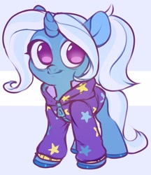 Size: 1868x2160 | Tagged: safe, artist:vensual99, gameloft, character:trixie, species:pony, species:unicorn, abstract background, babysitter trixie, clothing, cute, diatrixes, female, gameloft interpretation, hoodie, mare, no pupils, smiling, solo