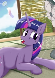 Size: 1024x1449 | Tagged: safe, artist:neoshrek, character:twilight sparkle, character:twilight sparkle (unicorn), species:pony, species:unicorn, fan, female, looking sideways, lying down, mare, solo, sweat, tongue out