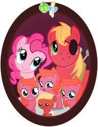 Size: 1000x1300 | Tagged: safe, artist:anarchemitis, character:big mcintosh, character:pinkie pie, parent:big macintosh, parent:pinkie pie, parents:pinkiemac, species:earth pony, species:pony, ship:pinkiemac, bust, cutie mark, daughter, eyepatch, family photo, male, offspring, portrait, shipping, simple background, stallion, straight, transparent background, triplets