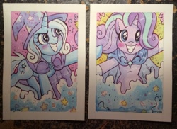 Size: 800x582 | Tagged: safe, artist:marybellamy, character:starlight glimmer, character:trixie, species:pony, species:unicorn, blushing, card, grin, smiling, smoke, traditional art