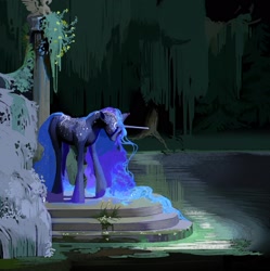 Size: 2155x2160 | Tagged: safe, artist:yanisfucker, character:princess luna, species:pony, species:unicorn, alternate design, eyes closed, female, forest, high res, pillar, ruins, solo, water, wingless