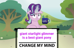 Size: 1024x662 | Tagged: safe, artist:calebtyink, character:starlight glimmer, species:pony, species:unicorn, change my mind, engrish, female, floppy ears, giant starlight glimmer, meme, solo