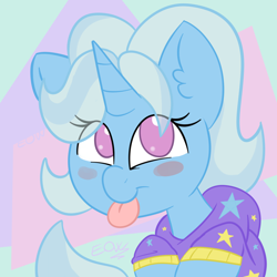 Size: 1500x1500 | Tagged: safe, artist:eow, gameloft, character:trixie, species:pony, species:unicorn, alternate hairstyle, babysitter trixie, blushing, clothing, cute, diatrixes, female, gameloft interpretation, hoodie, mare, simple background, solo, tongue out