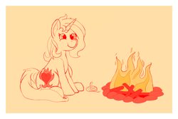 Size: 2326x1552 | Tagged: safe, artist:thewindking, oc, oc only, oc:cinderheart, species:pony, species:unicorn, campfire, cutie mark, female, fire, horn, mare, simple background, sitting, sketch, smiling, snake, unicorn oc