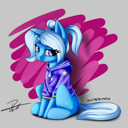 Size: 3300x3300 | Tagged: safe, artist:supermoix, gameloft, character:trixie, species:pony, species:unicorn, abstract background, babysitter trixie, clothing, female, gameloft interpretation, high res, hoodie, mare, ponytail, sitting, solo